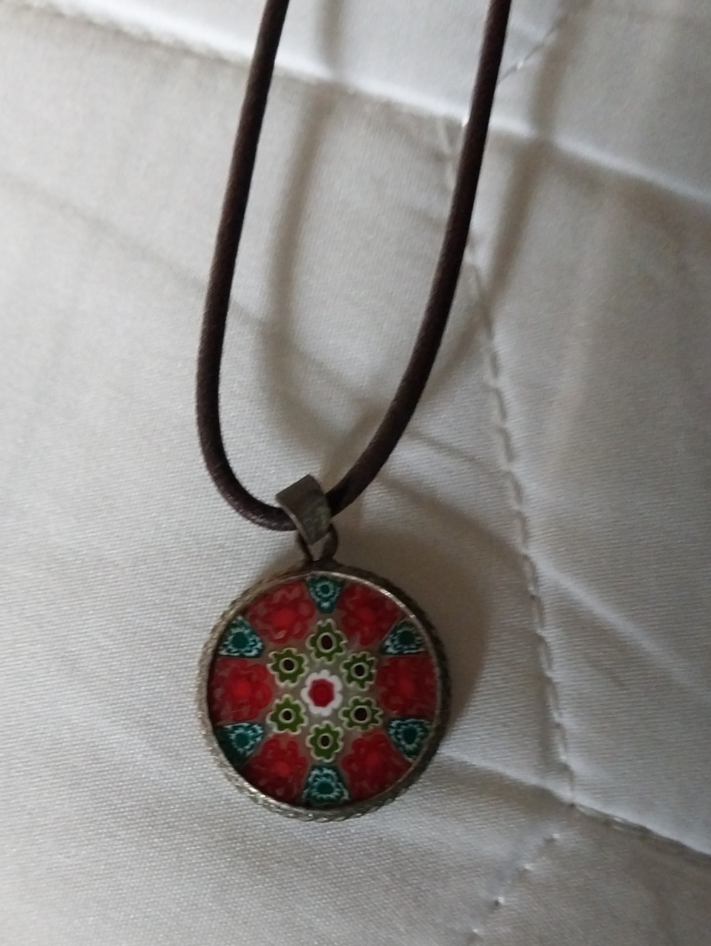 Murano Glass Red Blue Floral Pendant Leather Necklace